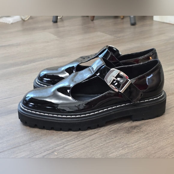 Steve Madden Suzey Black Patent Mary Jane Loafers Size 10 Chunky Preppy Mod - Picture 3 of 5